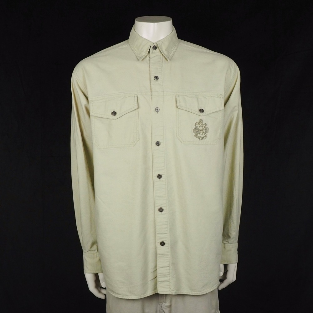 Harley Davidson HD Button Down Shirt Mens Large Beige Cotton Twill Pockets Work